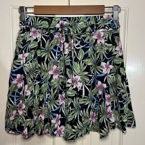 Francesca’s Blue Rain Tropical Print Bright Tie Waist Skater Skirt Size Small